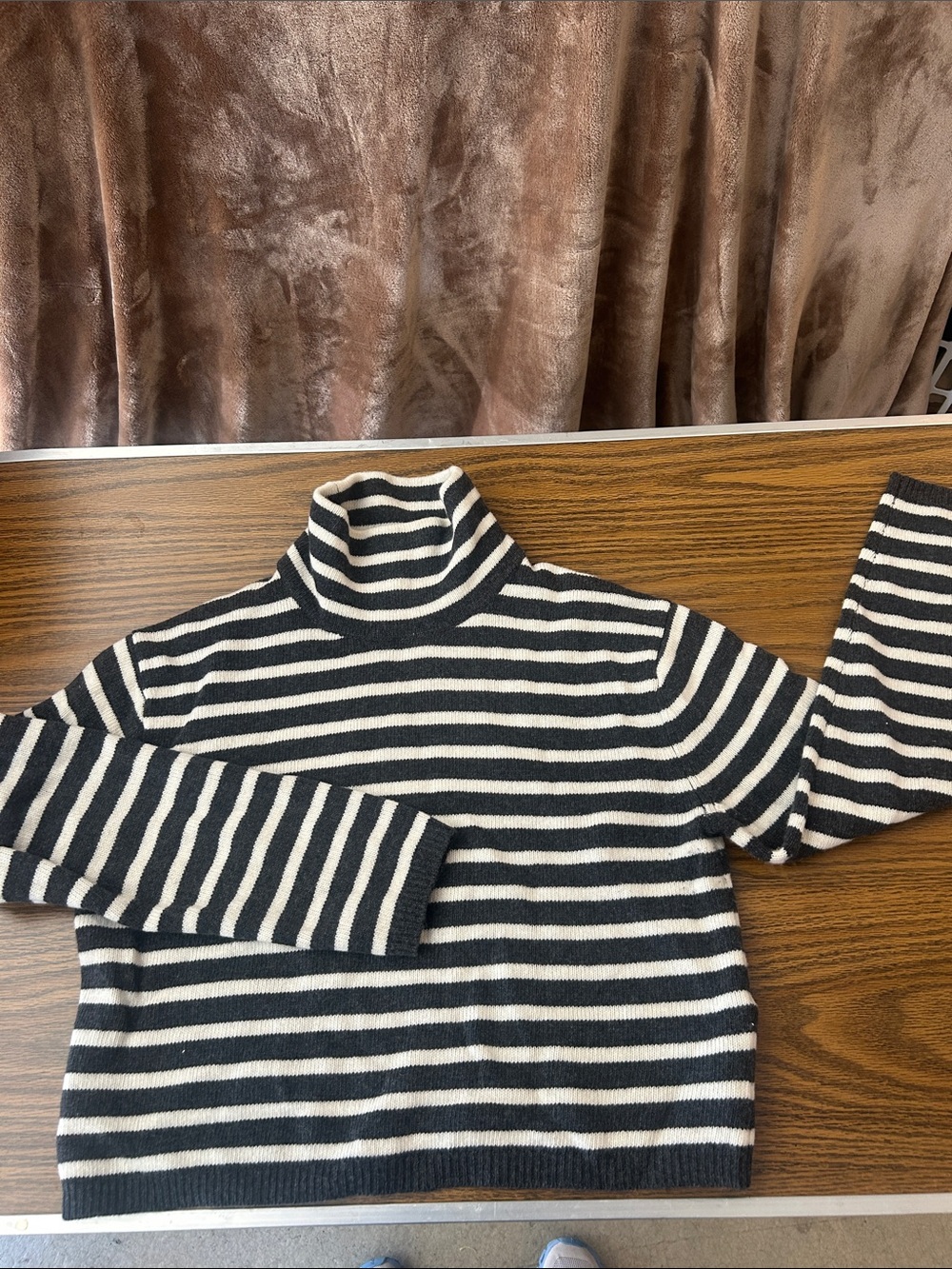 Theory Grey and White Striped Turtleneck Sweater